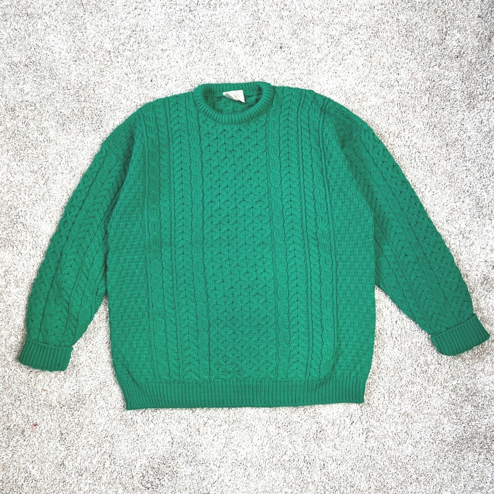 Carraig Donn Fisherman Sweater Mens XXL Green Irish Cable Knit Wool Aran